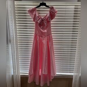 Vintage Satin Pink Ruffled Bow Midi Dress